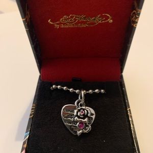 Ed Hardy Silver Rose with pink gemstone necklace